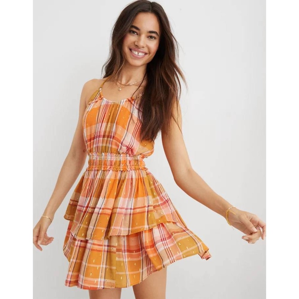 Aerie Plaid Ruffle Mini Dress Orange Pink Plaid Metallic Halter Tiered NWT XL